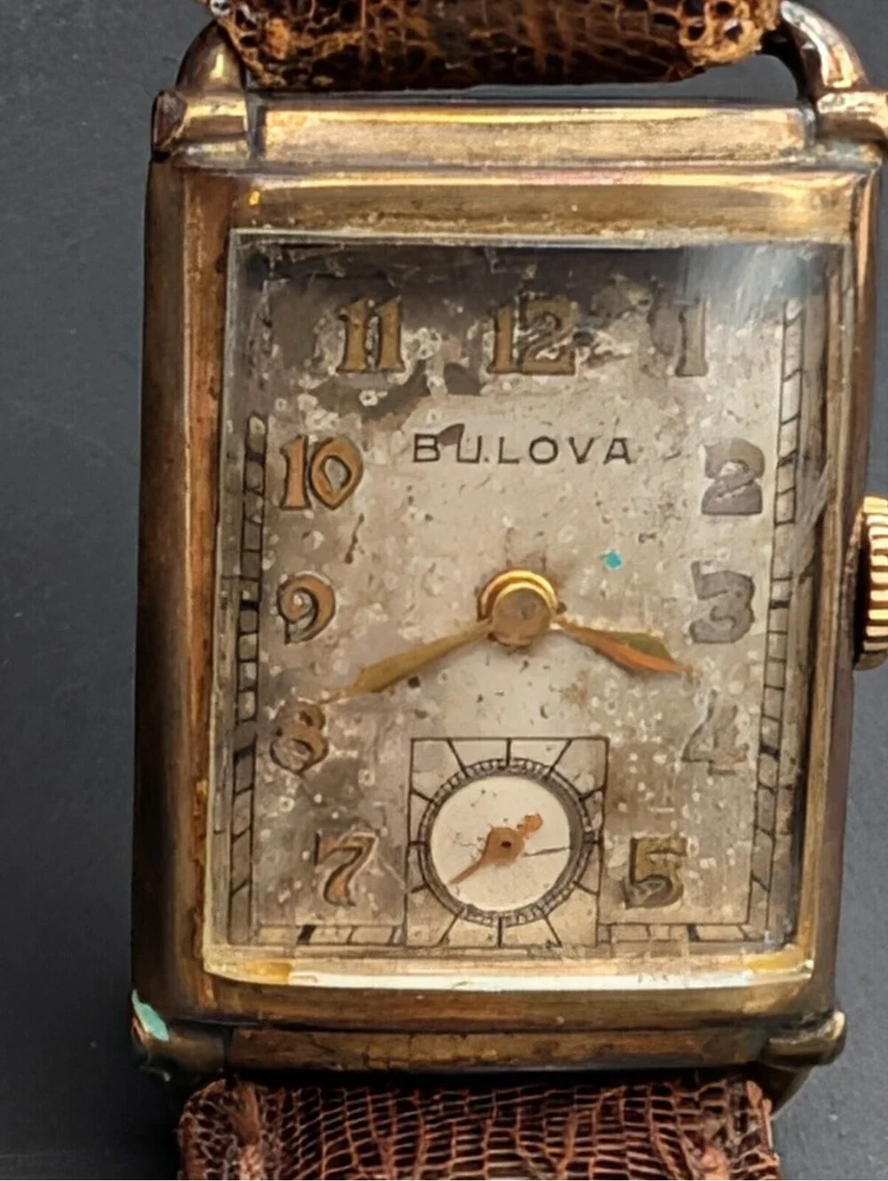 Vintage Bulova 10K Gold Filled Art Deco Rectangular Tank Watch Sub Second 1940s